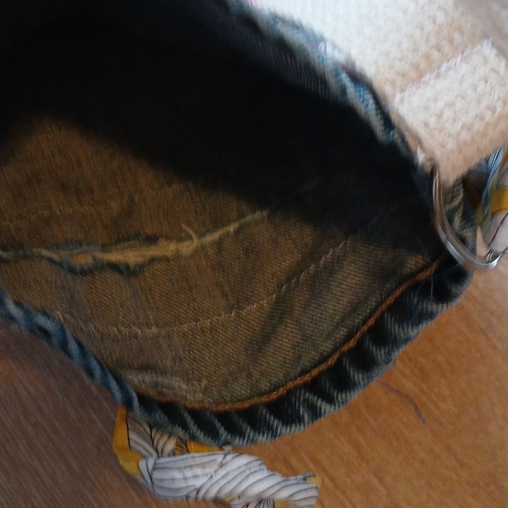 Upcycled Denim Crossbody Bag Handmade with Floral Trim Jeans Patchwork Trim - Picture 11 of 13